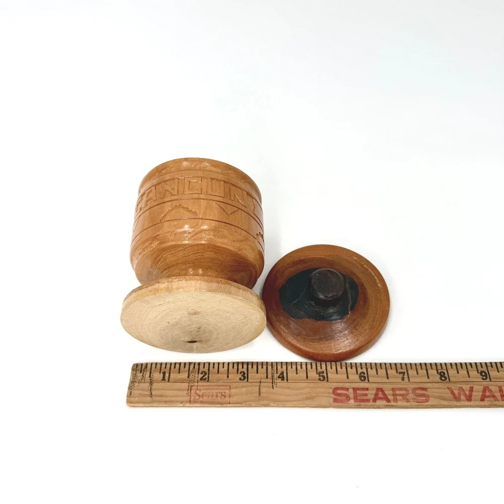 Vintage Hand Carved Wood Cancun Mexico Trinket Box Jar with‎ Lid Pedestal 4.5